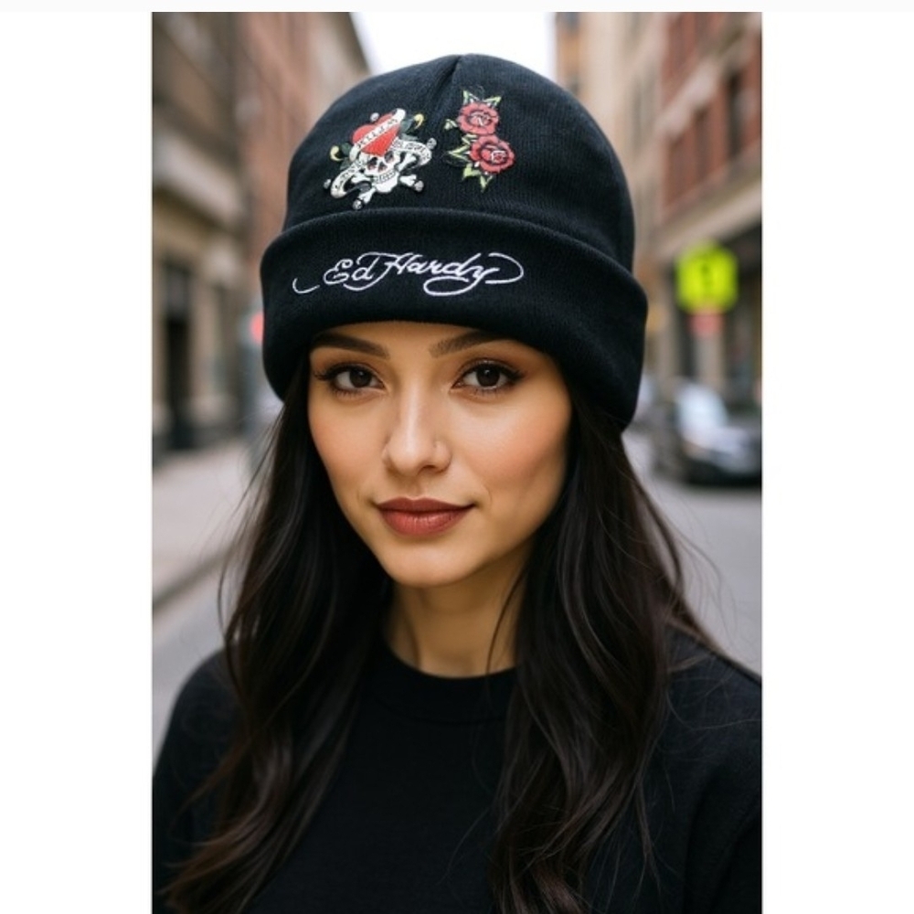 Ed Hardy Black Beanie with Skull and Floral Design